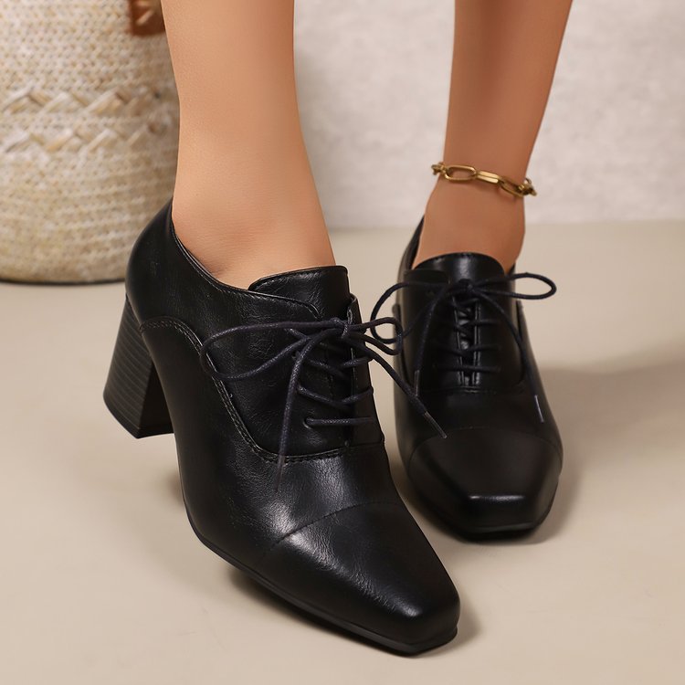 Women Elegant Lace-up Pumps with Square Toe and Mid-high Block Heel Mune Fashion