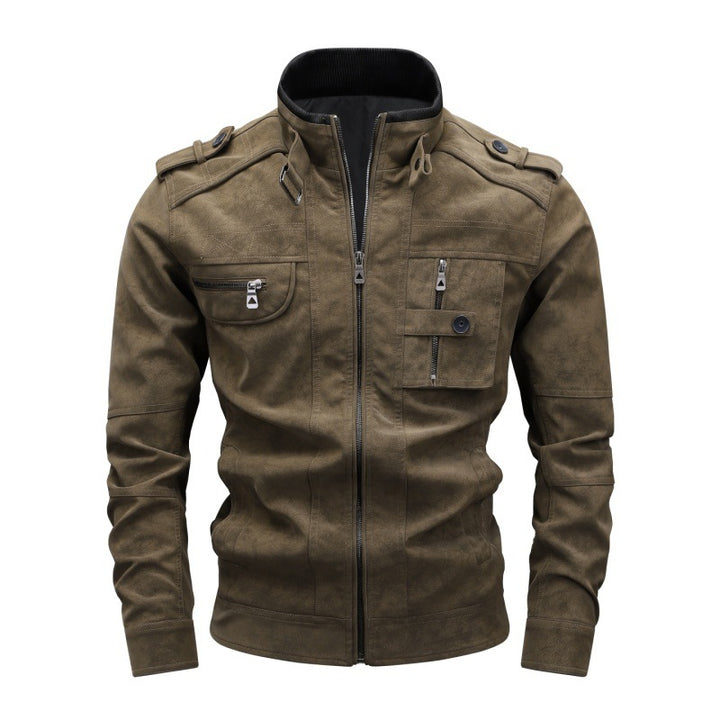 Men's Suede-Look Field Jacket with Stand-Up Collar, Shoulder Flaps and Multiple Zipper Pockets Mune Fashion