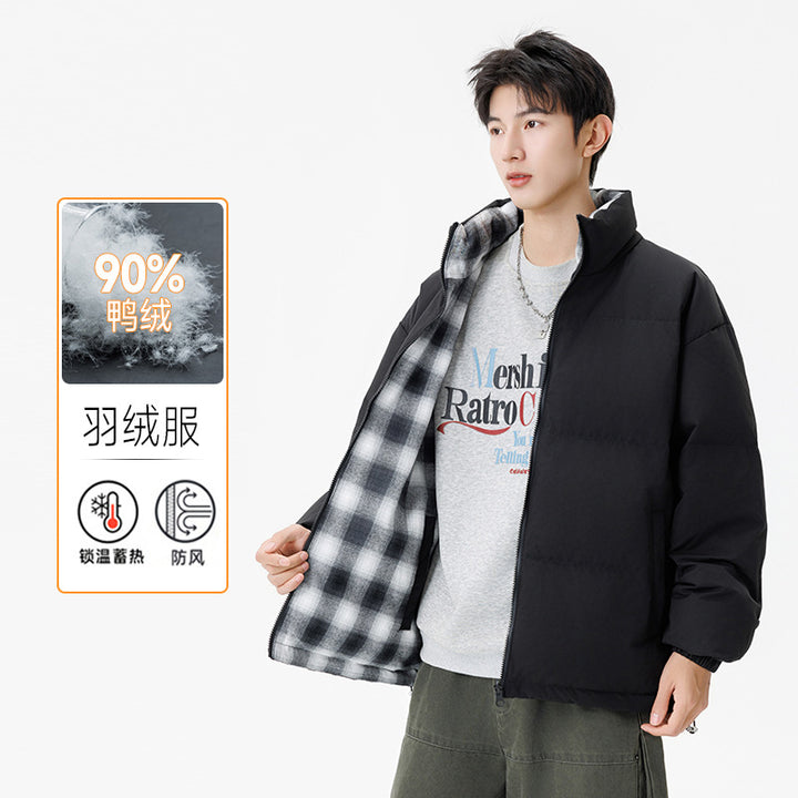 Unisex Padded Transition Jacket with Checked Lining and Stand-Up Collar Drune