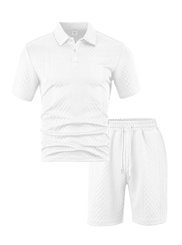 Men's elegant leisure two-piece made of textured knit with polo collar short-sleeve shirt and drawstring Bermuda Mune Fashion