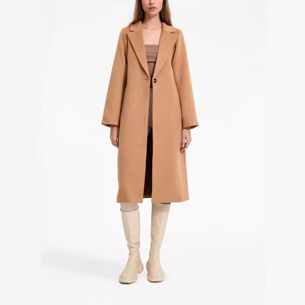 Women's Mid-Length Single-Breasted Wool Blend Coat with Minimalist Shawl Collar Mune Fashion