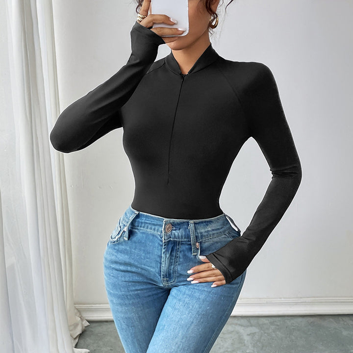 Women's Fitted Long Sleeve Top with Short Zipper and Deep V-Neck Mune Fashion