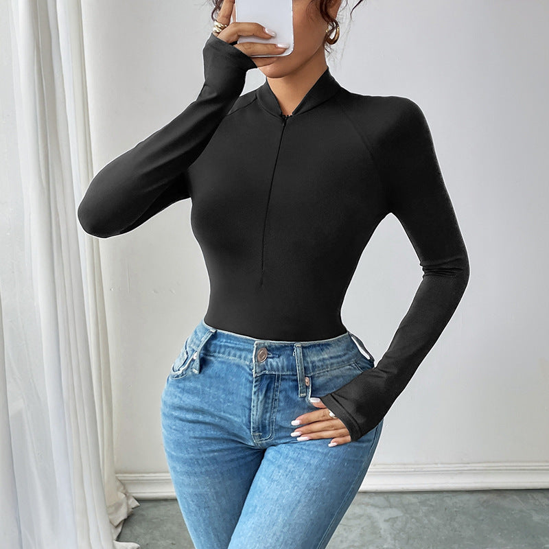 Women's Fitted Long Sleeve Top with Short Zipper and Deep V-Neck Mune Fashion
