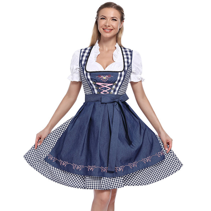 Women's classic traditional Dirndl dress with laced bodice, heart-embroidered apron, and Vichy check skirt Mune Fashion