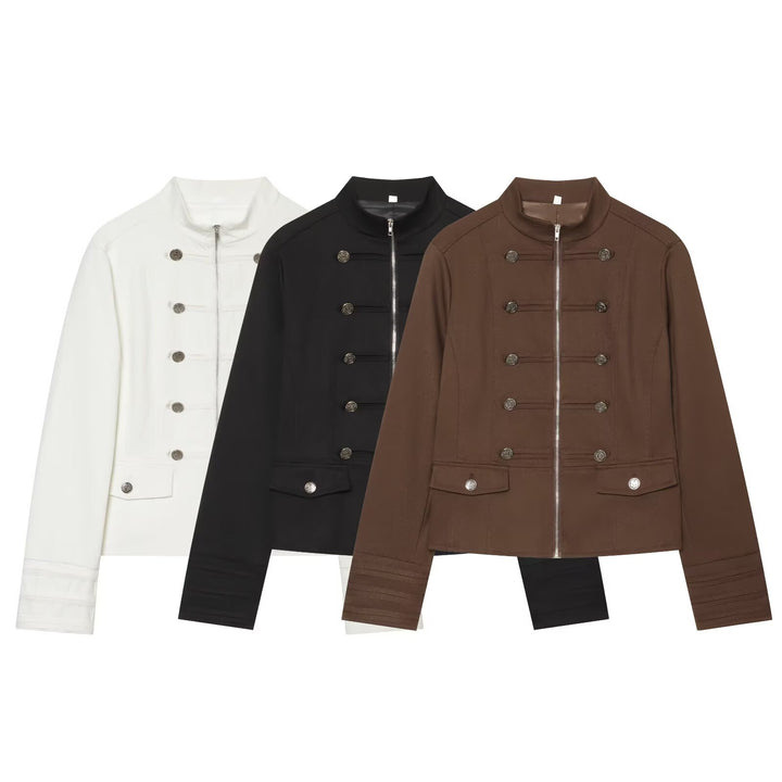Women's Military Inspired Short Jacket with Stand-Up Collar and Decorative Buttons Mune Fashion