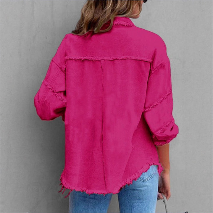 Women's Oversized Denim Utility Jacket with Frayed Edges and Flap Pockets Mune Fashion