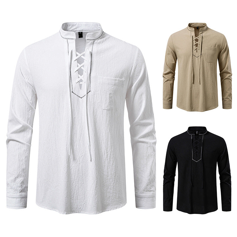 Men's Lightweight Cotton Blend Henley Shirt with Lace Placket and Stand Collar Mune Fashion