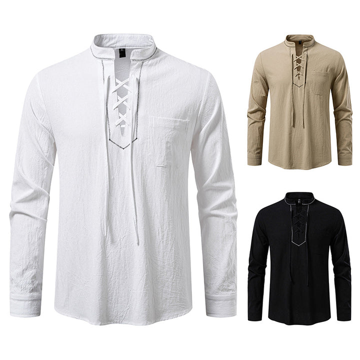Men's Lightweight Cotton Blend Henley Shirt with Lace Placket and Stand Collar Mune Fashion
