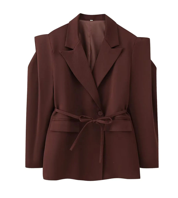 Women's blazer with shoulder cutouts, belted waist and single button closure Mune Fashion