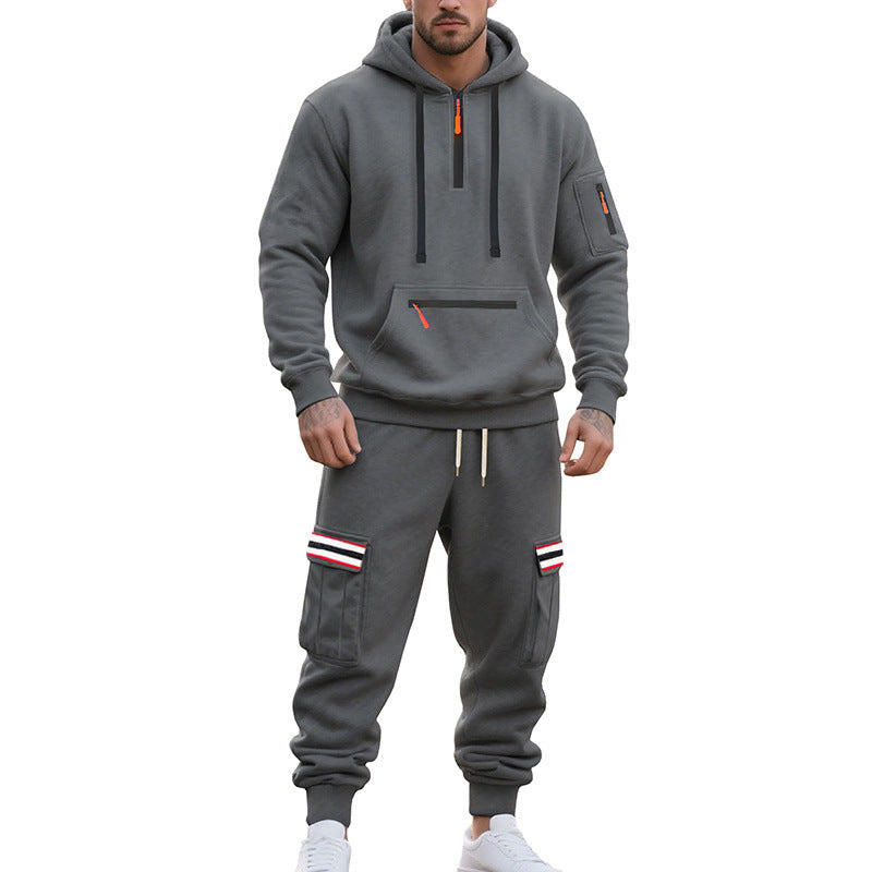Men's Cargo Hoodie and Jogging Pants Set with Half Zip, Zipper Kangaroo Pocket and Elastic Drawstring Waist Mune Fashion