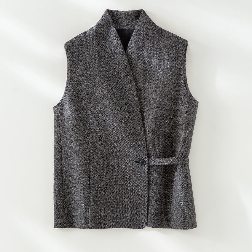 Women's Tailored Sleeveless Vest with V-Neck and Decorative Belt Mune Fashion