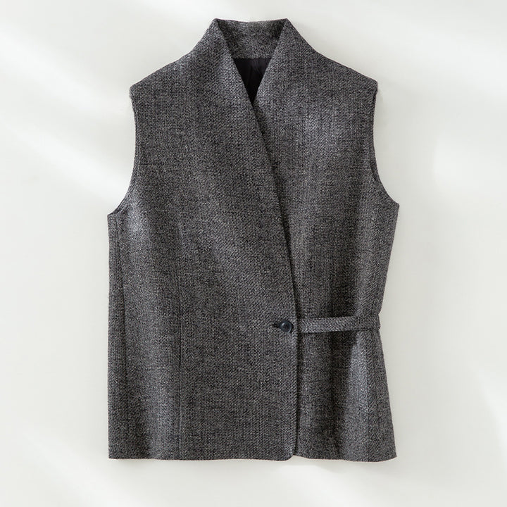 Women sleeveless tailored wool blend vest with shawl collar look and waist strap Mune Fashion