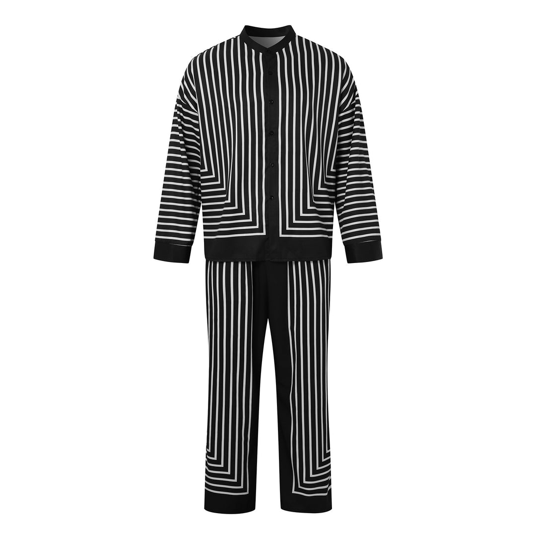 Women's striped lounge two-piece with stand-up collar button-up shirt jacket and straight pajama pants Mune Fashion