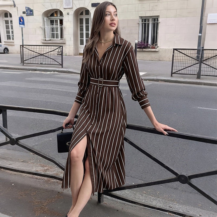 Women's Shirt Dress with Waist Belt and Vertical Pinstripe Mune Fashion