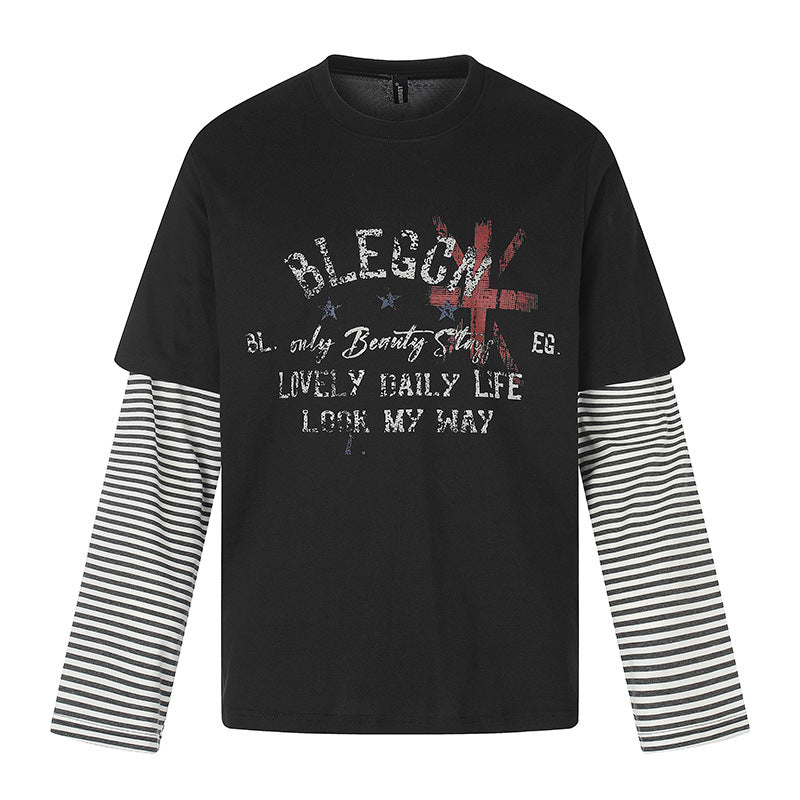 Women's Layered Long Sleeve Shirt with Striped Insert Sleeves and Vintage Print Mune Fashion