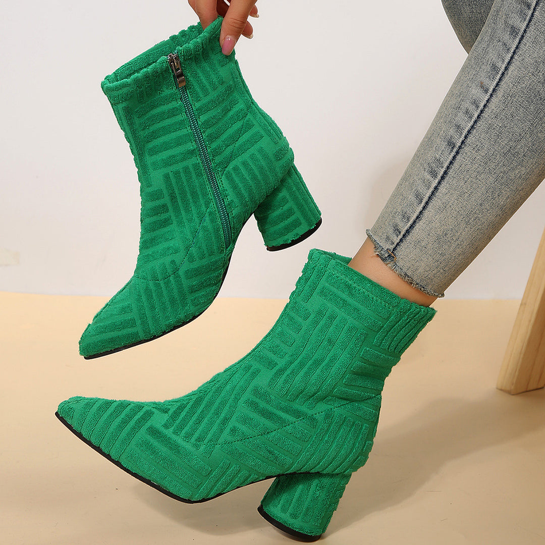 Women's Textured Ankle Boots with Pointed Toe and Block Heel Mune Fashion