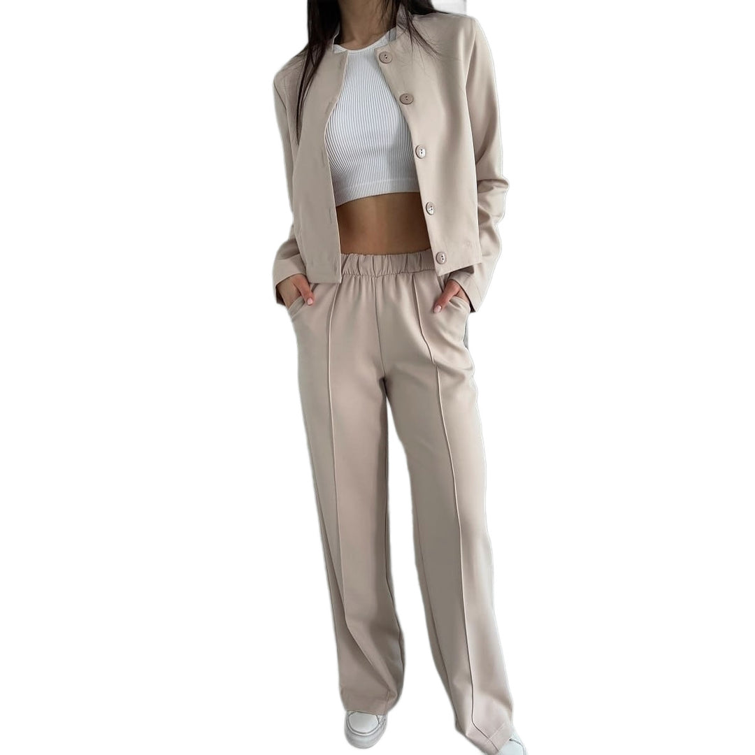Women Elegant Two-Piece Set with Short Jacket and High Waist Pleated Pants Mune Fashion