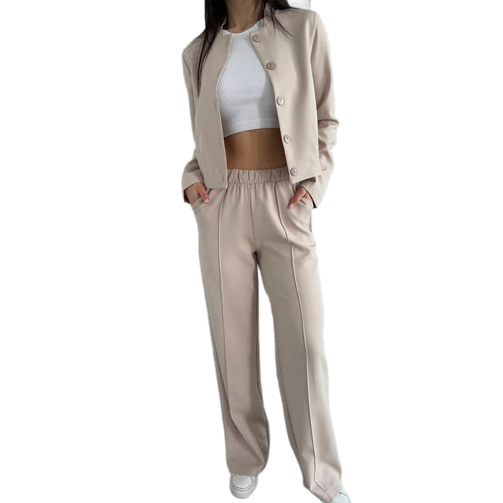 Women Elegant Two-Piece Set with Short Jacket and High Waist Pleated Pants Mune Fashion