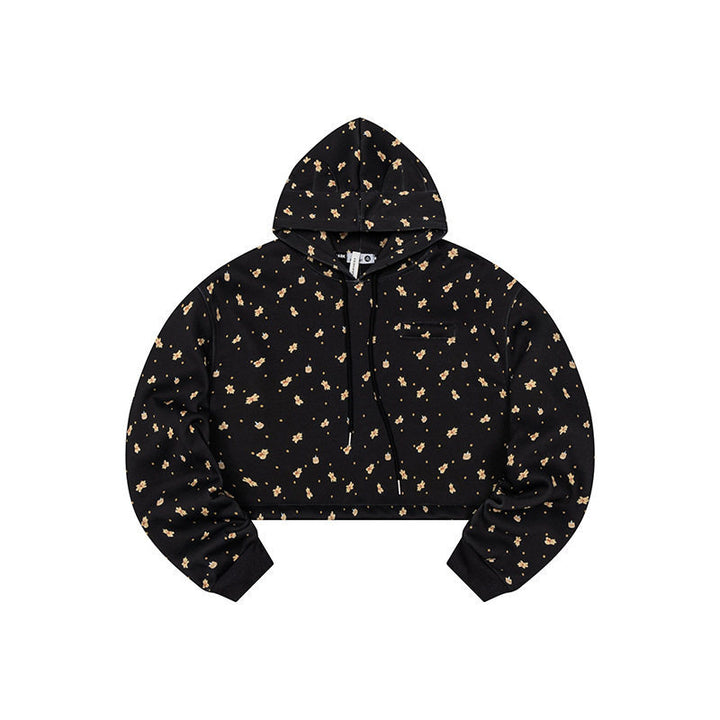 Women's Cropped Hoodie Sweatshirt with Allover Floral Print, Chest Pocket and Ruffled Hem Mune Fashion