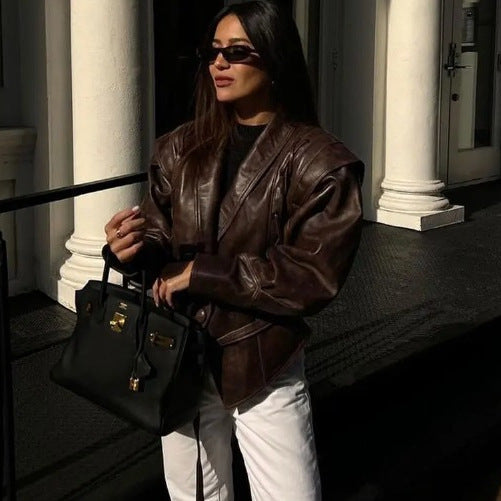 Ladies short jacket made of suede look with wrap belt, shawl collar and lacing detail Mune Fashion