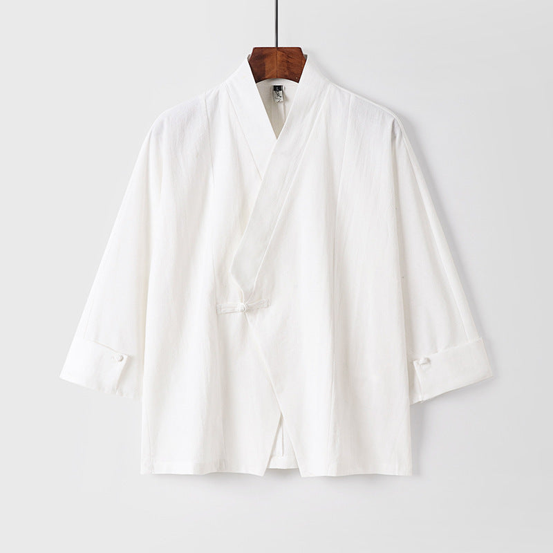 Men's Linen Kimono Jacket with Traditional Knot Closure and Medium-Length Sleeves Mune Fashion