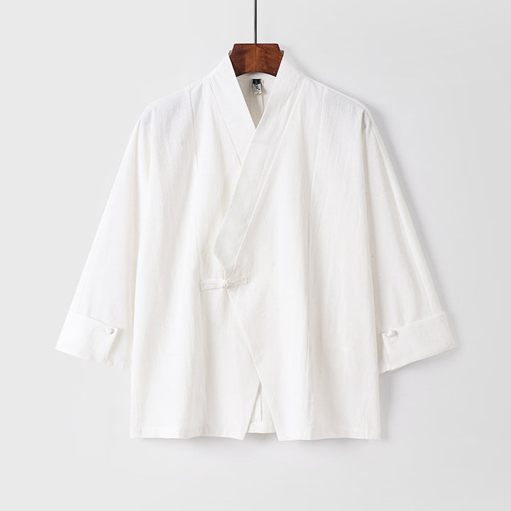 Men's Linen Kimono Jacket with Traditional Knot Closure and Medium-Length Sleeves Mune Fashion