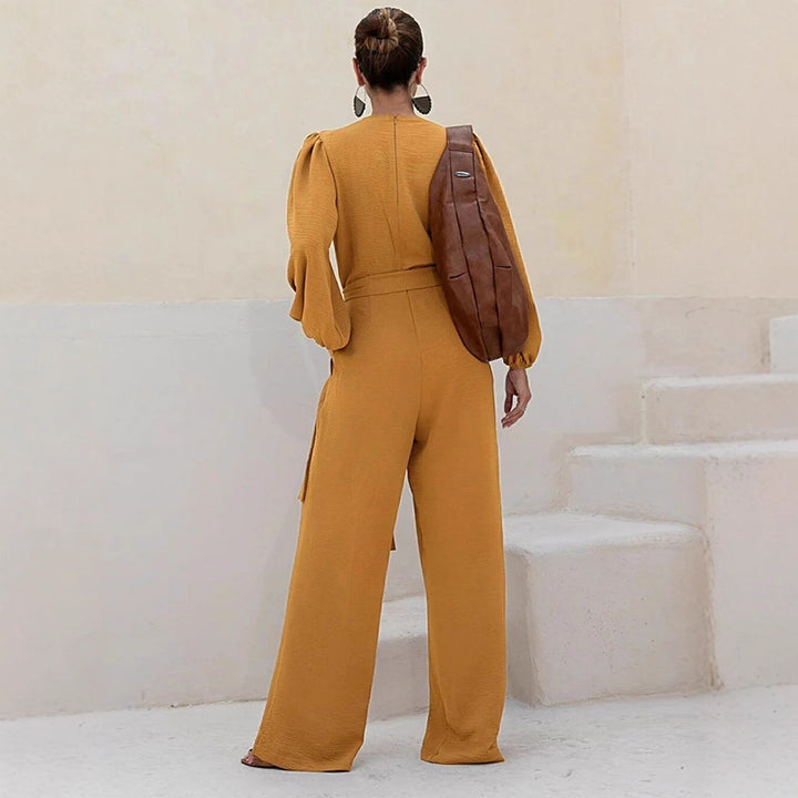 Women's Elegant Palazzo Jumpsuit with Deep V-Neck, Tie Belt and Balloon Sleeves Drune
