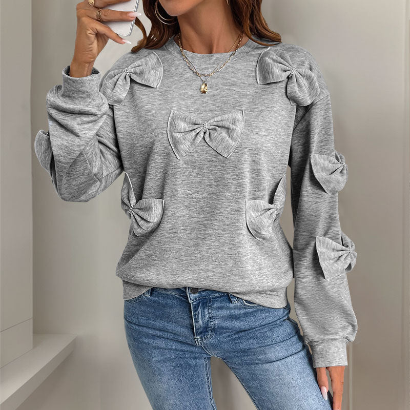 Women's Cozy Sweatshirt with 3D Bow Applications, Round Neck & Ribbed Cuffs Mune Fashion