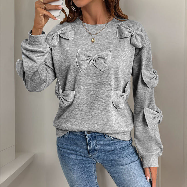 Women's Cozy Sweatshirt with 3D Bow Applications, Round Neck & Ribbed Cuffs Mune Fashion