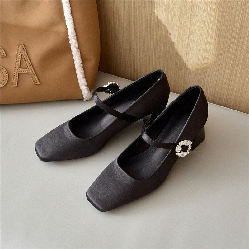 Women's Square Mary-Jane Pumps with Strap, Mid-High Block Heel and Crystal Buckle Mune Fashion