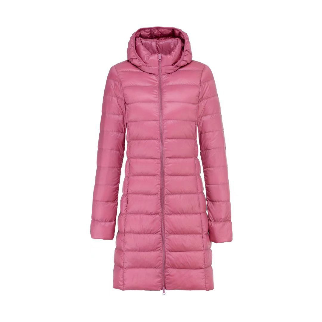 Women Long Cut Ultra-Light Thermal Parka with Contoured Silhouette and Hood Mune Fashion