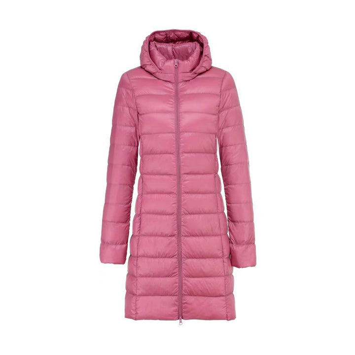 Women Long Cut Ultra-Light Thermal Parka with Contoured Silhouette and Hood Mune Fashion