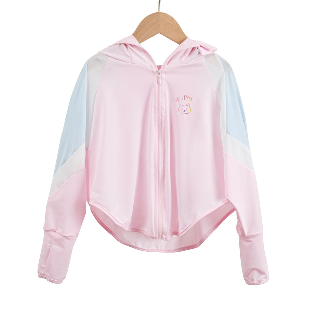 Unisex nan ultralight children's sun protection jacket with hood, zipper, mesh lining, and bear embroidery Mune Fashion
