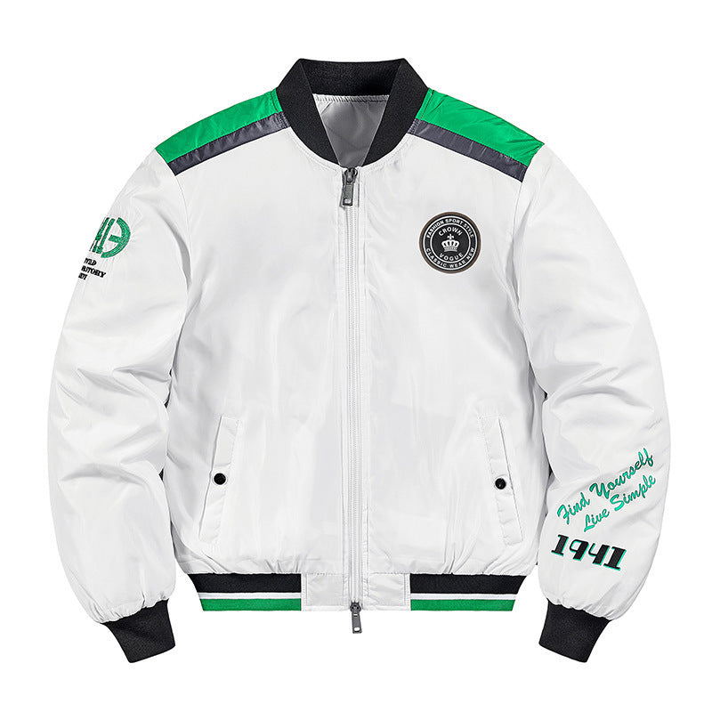Men's Short Cut Nylon Bomber Jacket with Sporty Shoulder Piping, Logo Applications and Double Zipper Mune Fashion