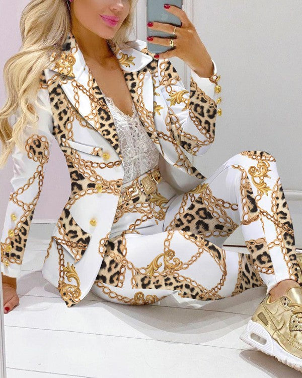 Ladies Two-Piece Blazer and Pant Set with Butterfly Print and Glamorous Glitter Effect Mune Fashion