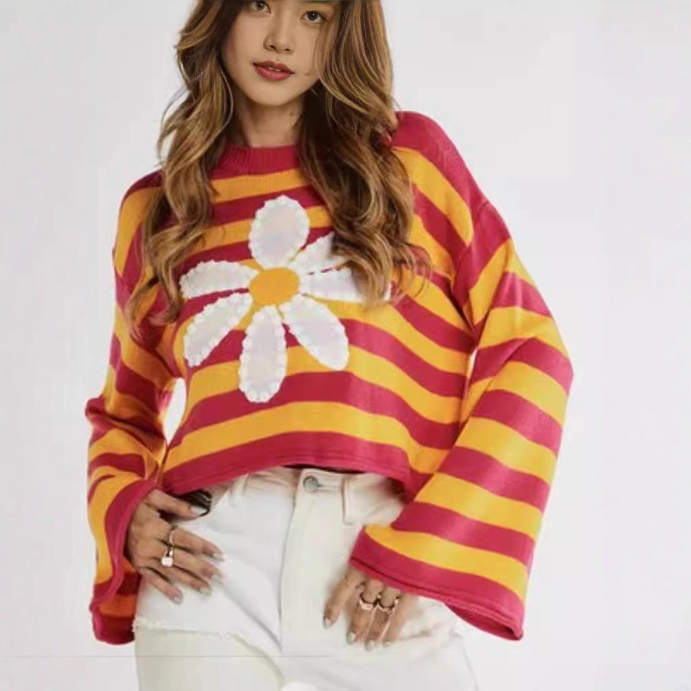 Women's Fashion Striped Crop Sweater with Floral Pattern
