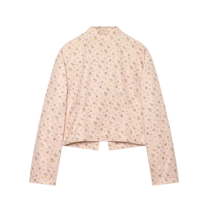 Women's short-cut satin military jacket with decorative frog closures and floral print Drune