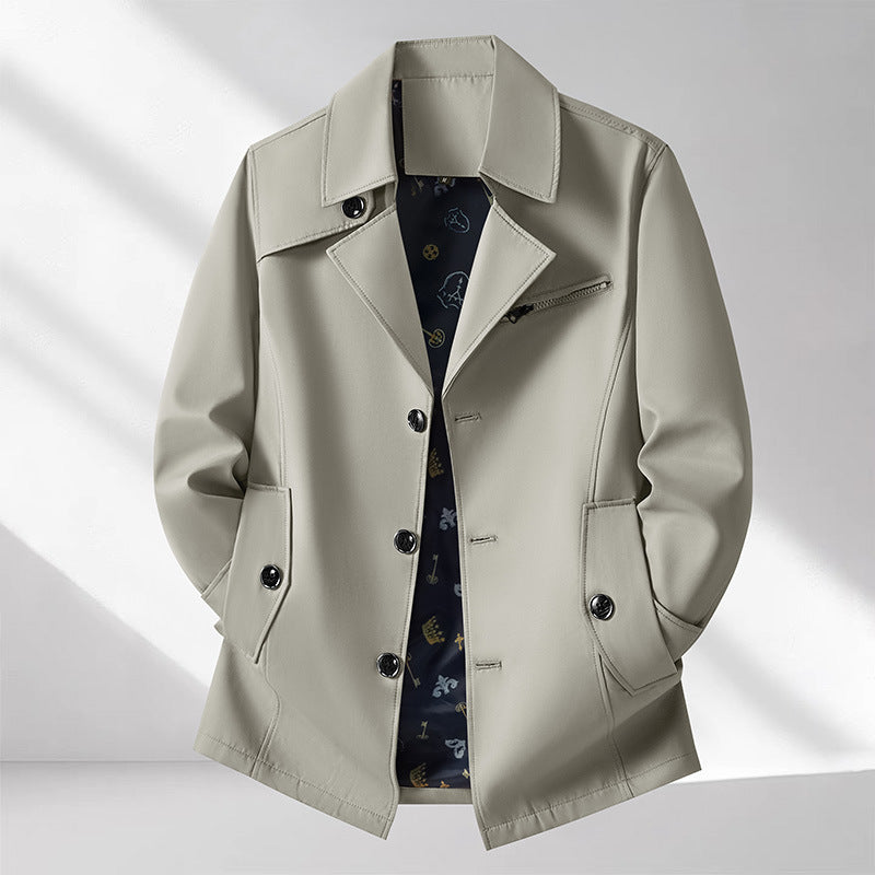 Men's transitional jacket in urban short trench style with notch collar, chest zipper, and patch pockets Mune Fashion