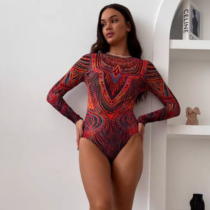 Women's bodysuit with long sleeves and abstract pattern Mune Fashion