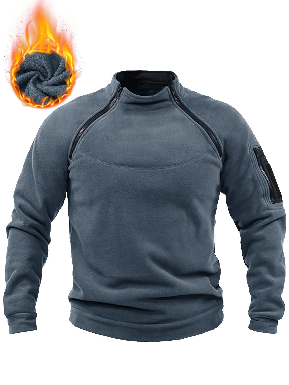 Men's Thermal Fleece Pullover with Shoulder Zippers, Stand Collar & Sleeve Utility Pocket Mune Fashion