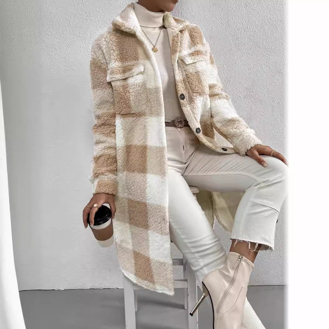 Women's longer teddy check coat with shirt collar, patch chest pockets and button placket Mune Fashion