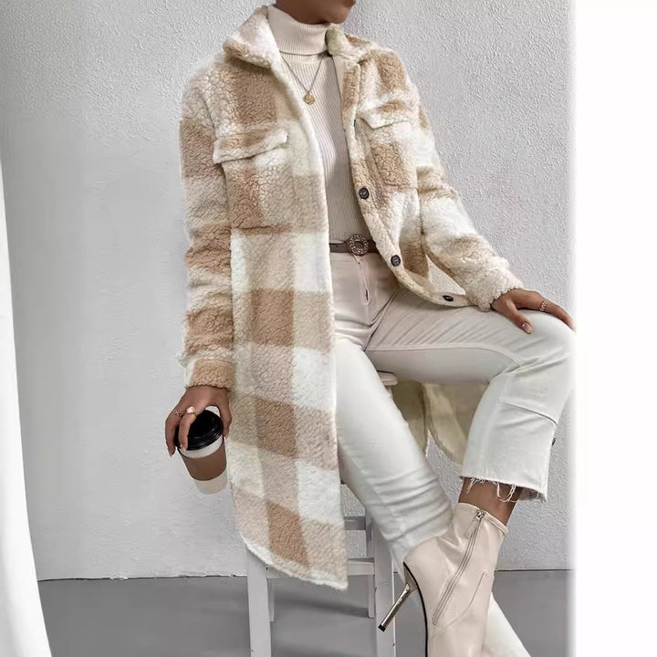 Women's longer teddy check coat with shirt collar, patch chest pockets and button placket Mune Fashion