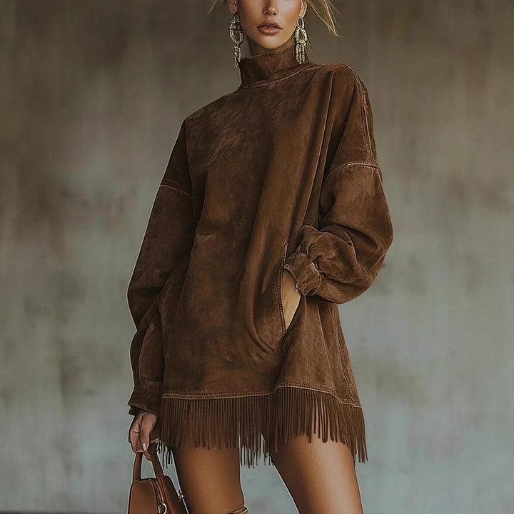 Women's oversized suede-look tunic with stand-up collar and fringes Mune Fashion