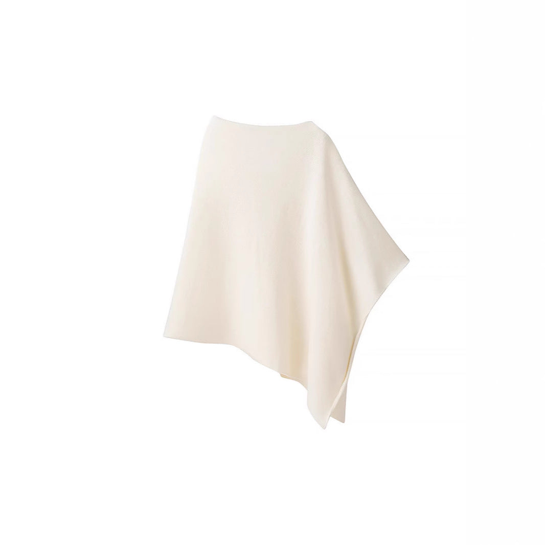 Women's Fine Knitted Poncho with Asymmetrical Hem and Boat Neck Mune Fashion