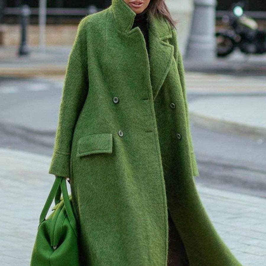 Ladies nan cape-like double-breasted wool coat with a wide fall, high stand-up collar, and flap pockets Mune Fashion