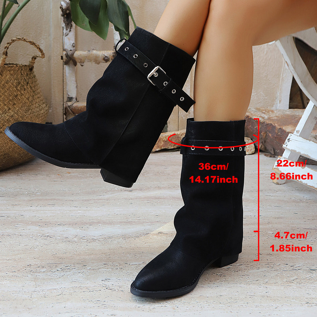 Women Mid-Calf Boots with Buckle Strap and Low Block Heel Mune Fashion
