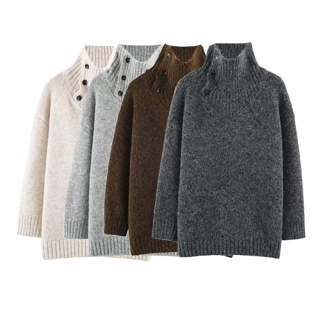 Women's Oversized Knit Sweater with High Ribbed Collar, Button Detail and V-Neck Mune Fashion
