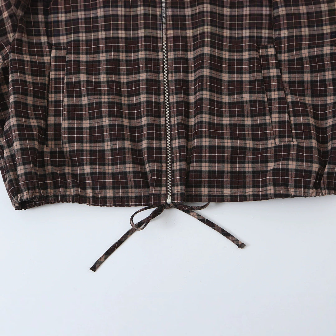 Women's Checkered Cropped Jacket with Stand-up Collar, Drawstring Hem and Pockets Mune Fashion