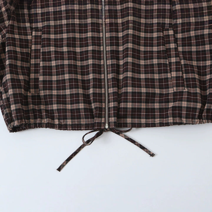 Women's Checkered Cropped Jacket with Stand-up Collar, Drawstring Hem and Pockets Mune Fashion