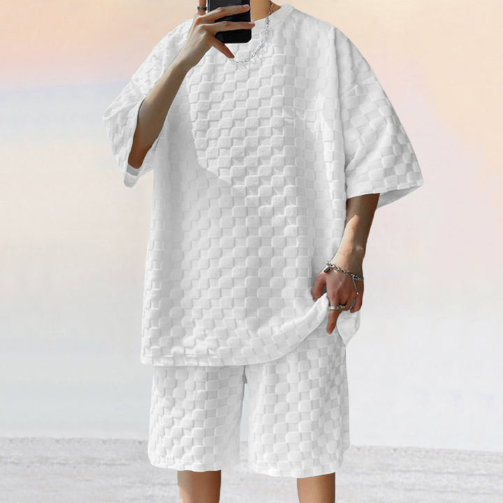 Unisex nan structured relief set made of honeycomb jersey with oversized shirt and knee-length shorts Mune Fashion